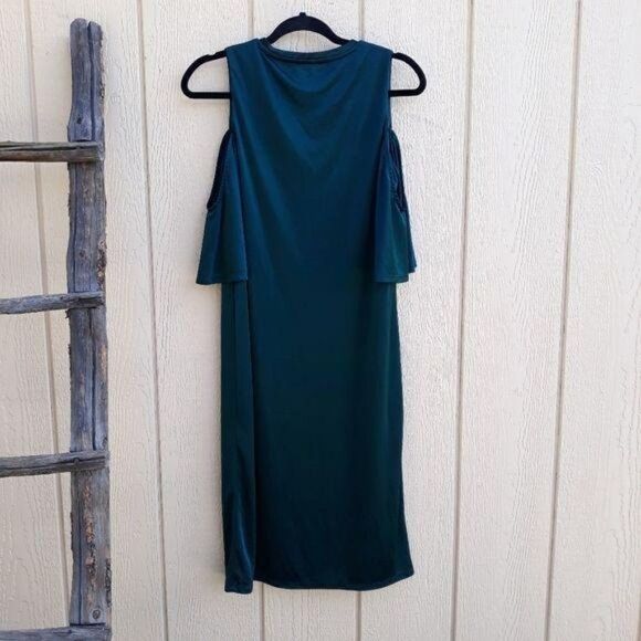 Zara Trafaluc Holiday Silky Cold Shoulder Midi Shift Dress Green Sz S - Picture 7 of 10